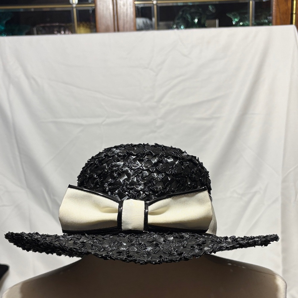 Elegant Black Woven Vintage MARK III Straw Type Hat with Cream Bow Accent